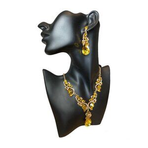 Necklace and Earring Set Wedding Anniversary Yellow Rose Gold Jewelry Rhinestone